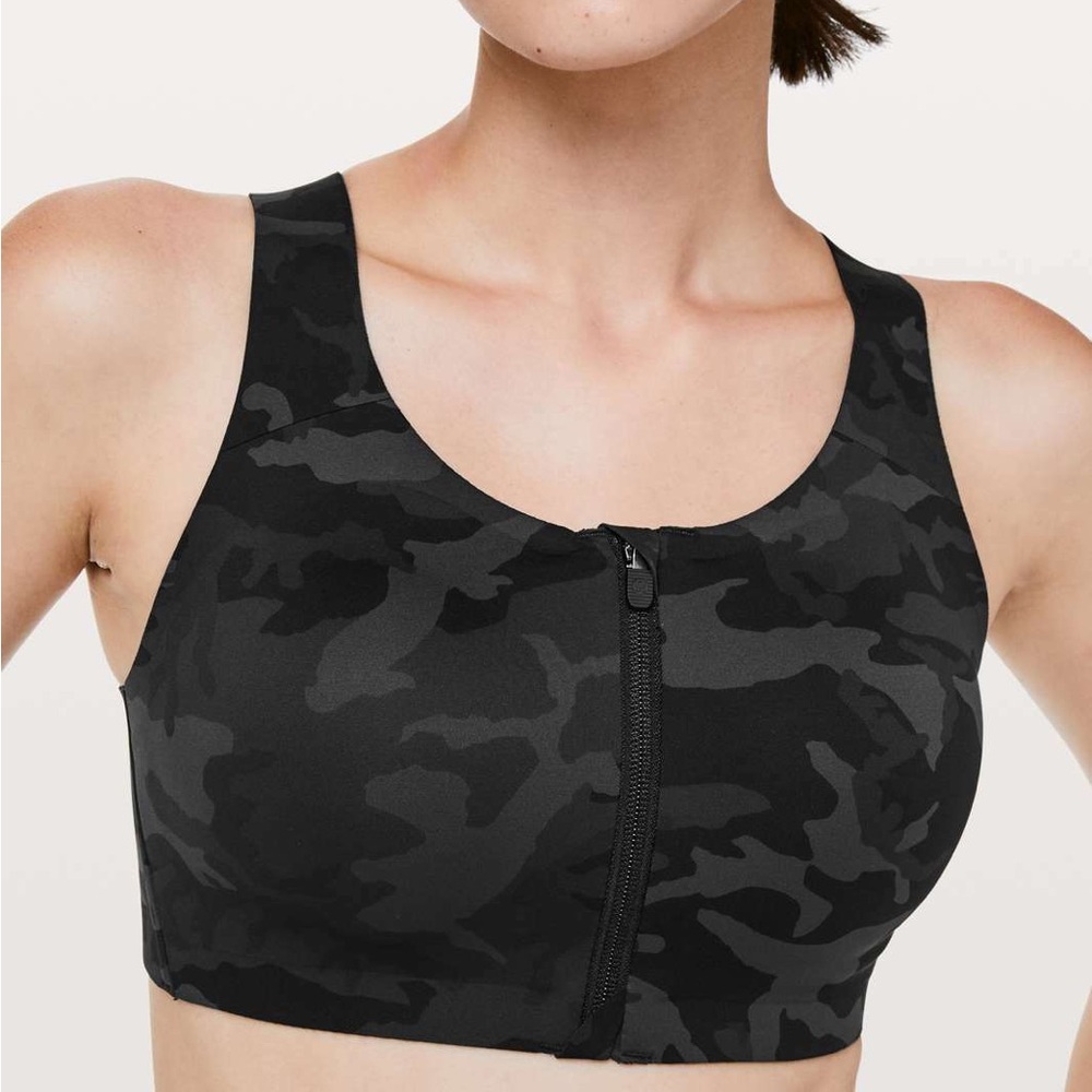 Lululemon Enlite Bra Zip Front Incognito Camo Multi Grey Cross Back 32E DD - Picture 3 of 7